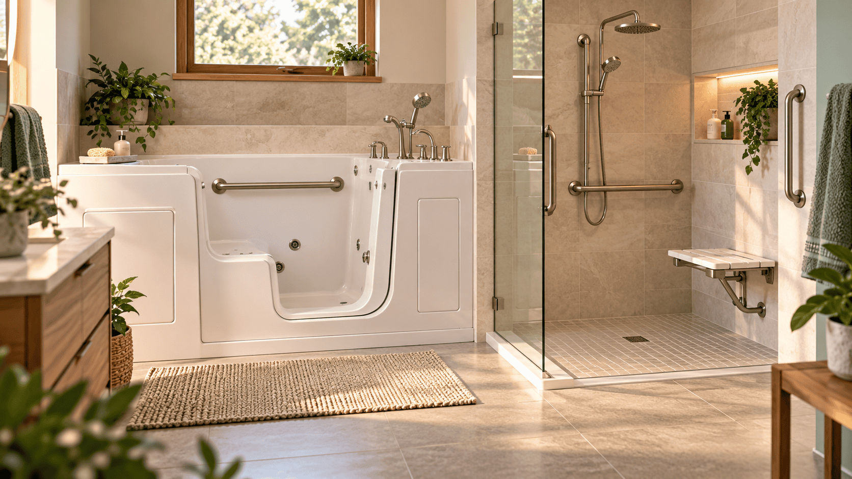 Walk-in tub beside an accessible walk-in shower in a senior-friendly bathroom