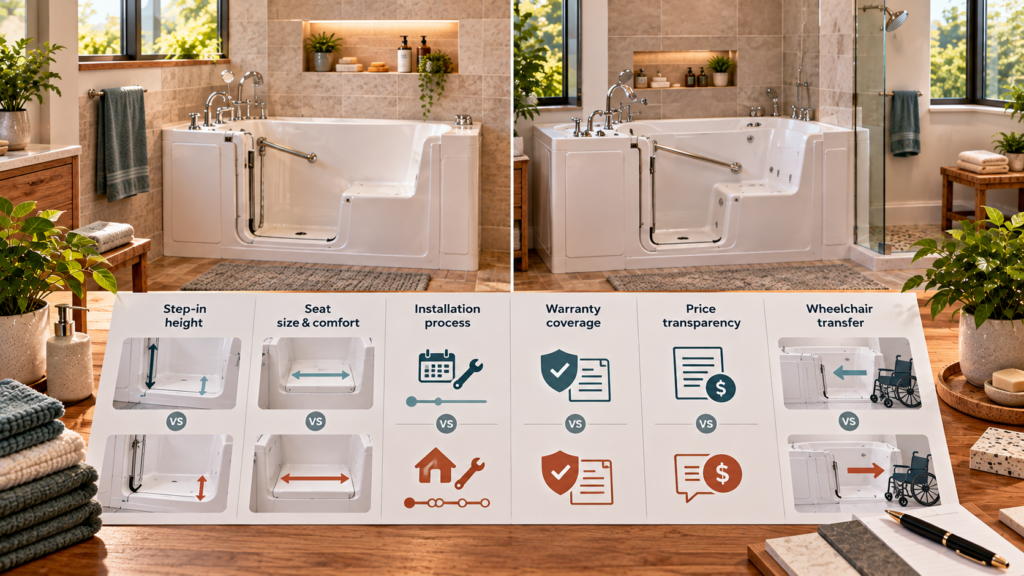Kohler vs Safe Step walk-in tub comparison for step-in height, seat size, warranty, installation and transfer
