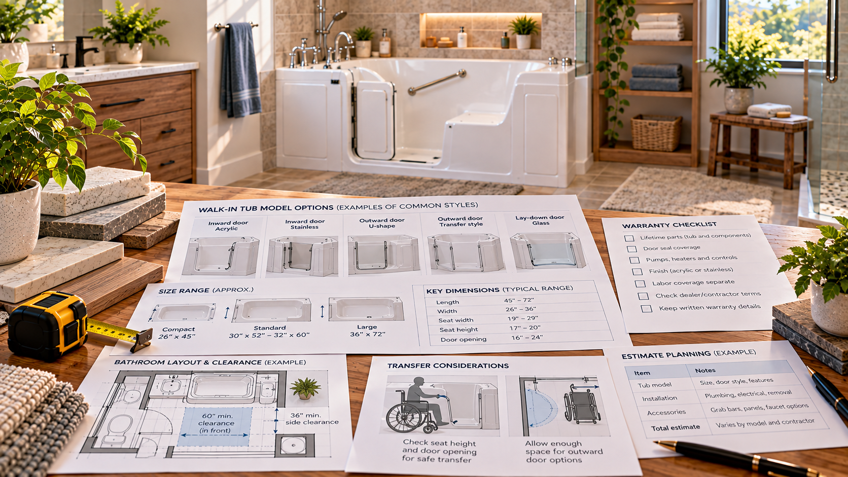 Ella's Bubbles-style walk-in tub comparison with multiple door types, sizes and transfer layouts
