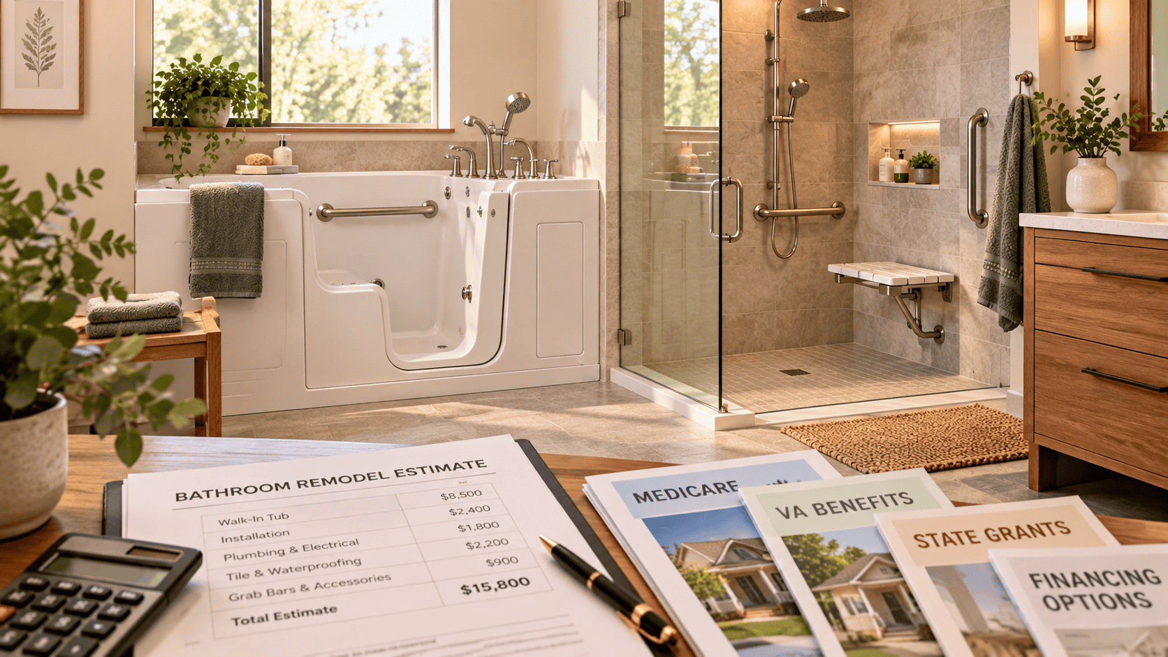 Accessible bathroom remodel with walk-in tub, low-threshold shower and financing documents
