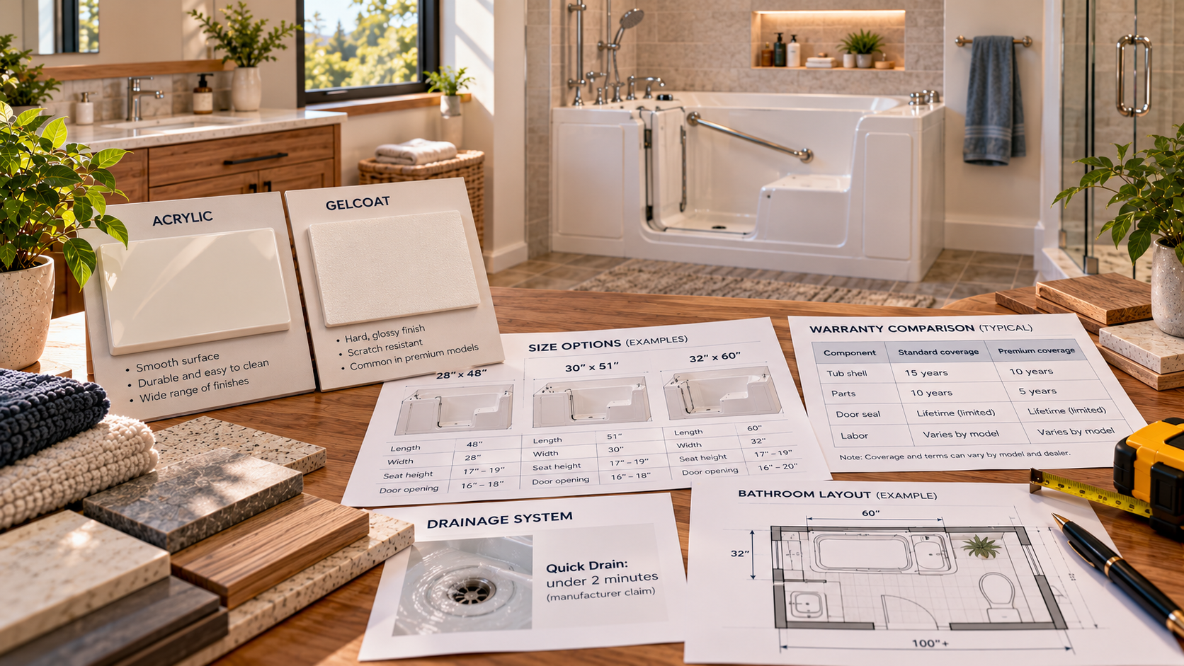 American Standard-style walk-in tub review workspace comparing acrylic, gelcoat, sizes and warranty