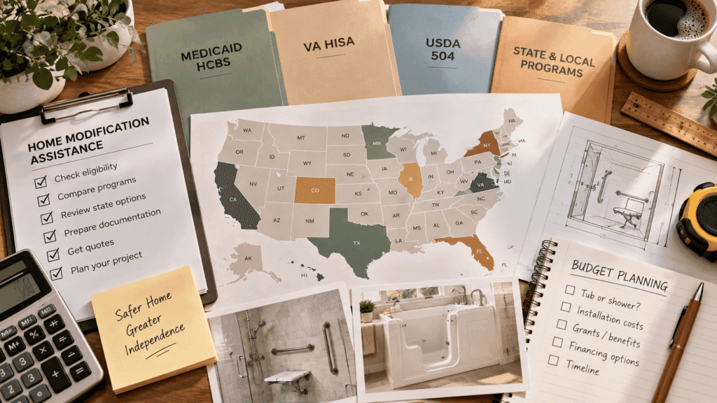 US map with Medicaid, VA, USDA and state home modification assistance planning materials