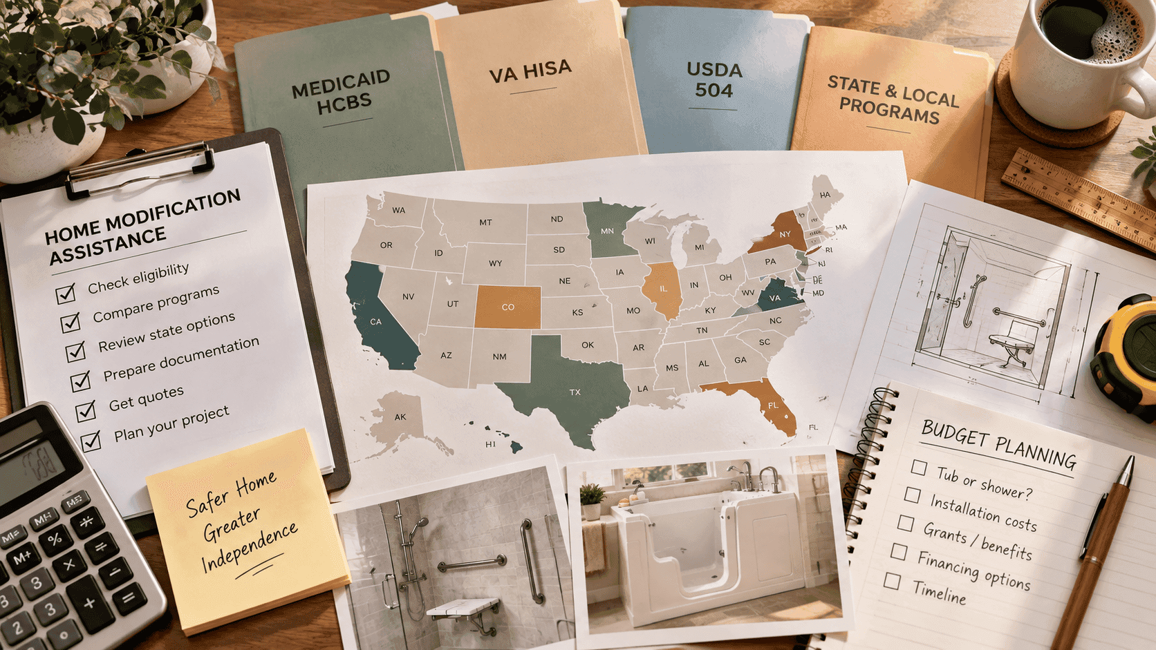 US map with Medicaid, VA, USDA and state home modification assistance planning materials