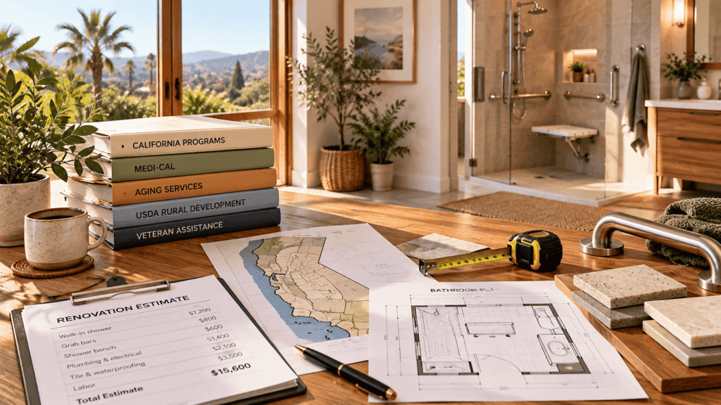 California home modification assistance planning with accessible bathroom renovation