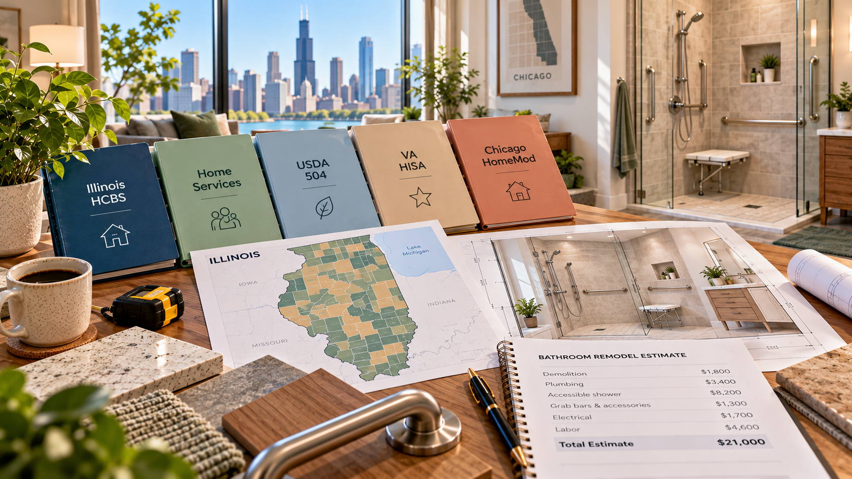 Illinois bathroom accessibility grant planning with Medicaid HCBS, aging services, Chicago HomeMod, USDA and VA resources