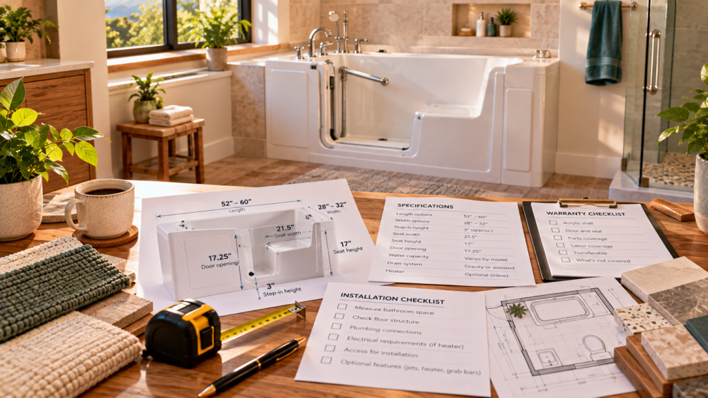 Kohler-style walk-in tub review workspace with dimensions, warranty checklist and accessible bathroom