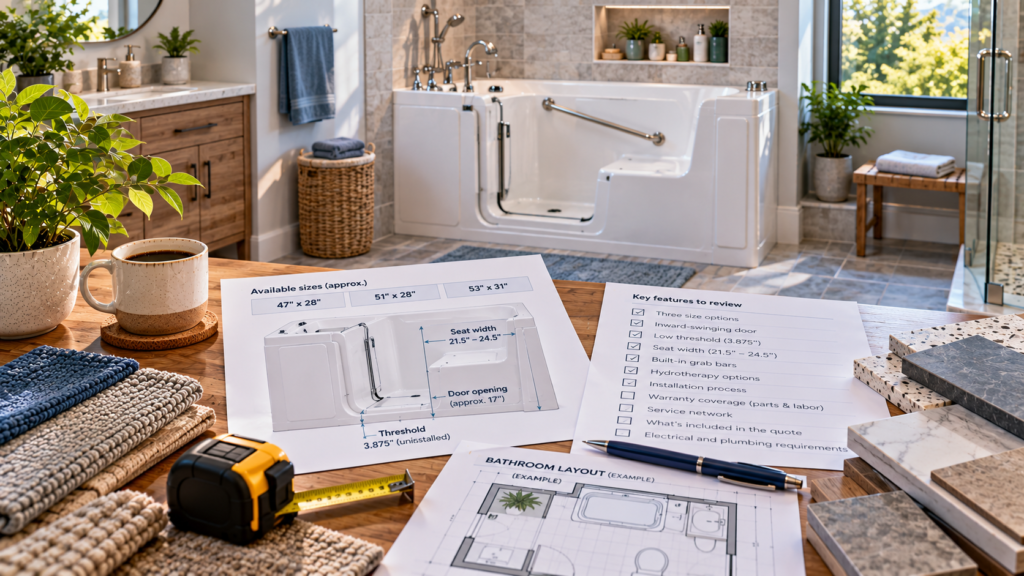 Safe Step-style walk-in tub review workspace with dimensions, feature checklist and accessible bathroom