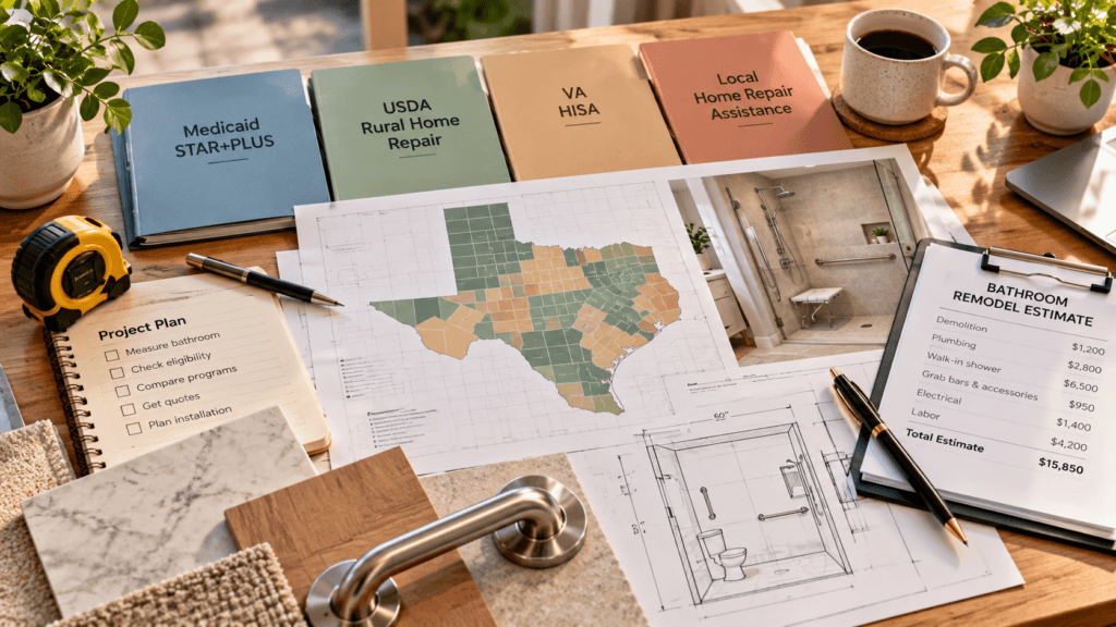 Texas bathroom accessibility grant planning with STAR+PLUS, USDA, VA HISA and home repair documents