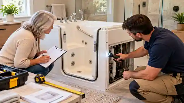Homeowner reviewing a used walk-in tub while a technician inspects the door seal and plumbing connections