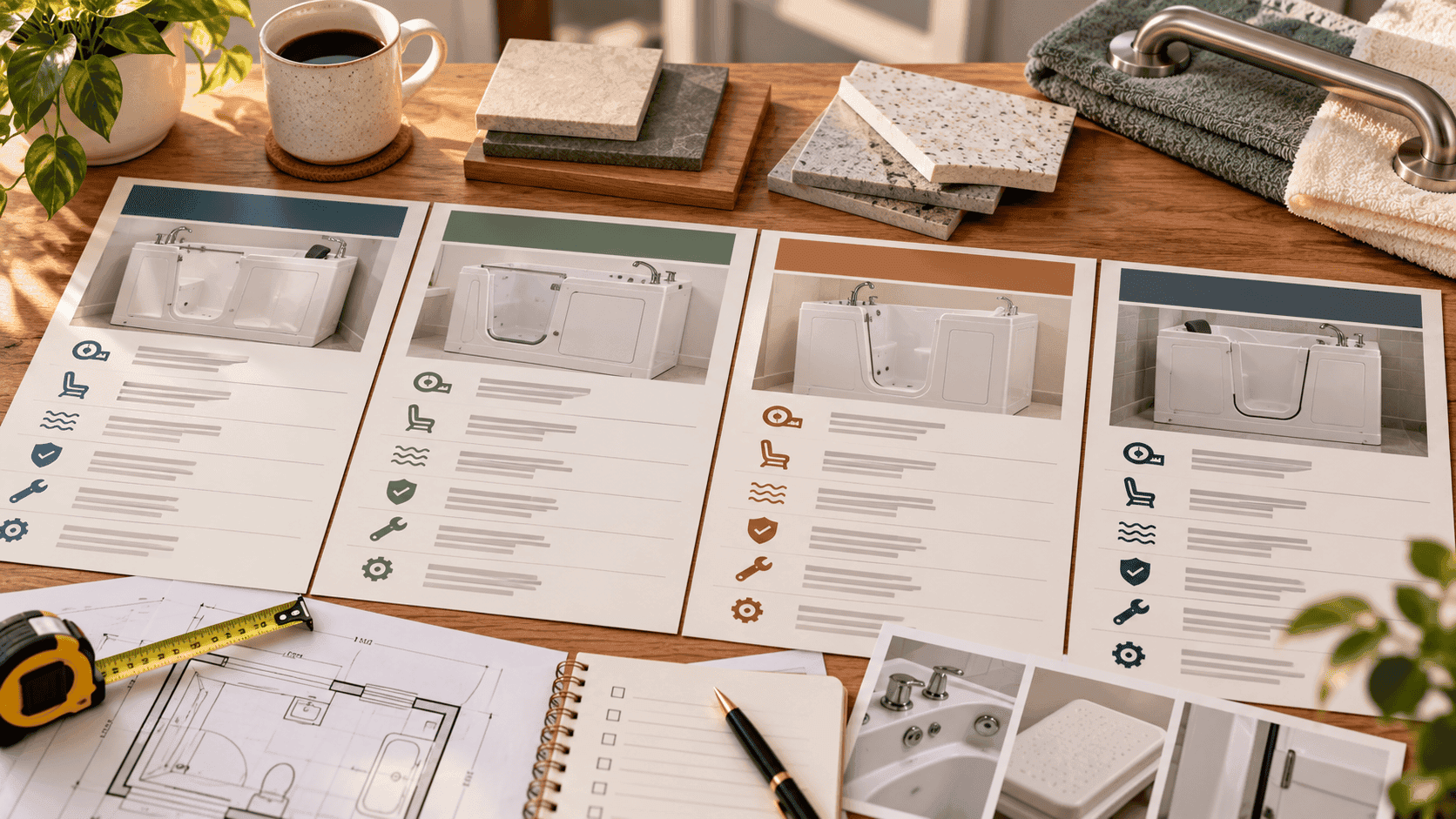 Walk-in tub comparison sheets with bathroom plans, measurements and material samples
