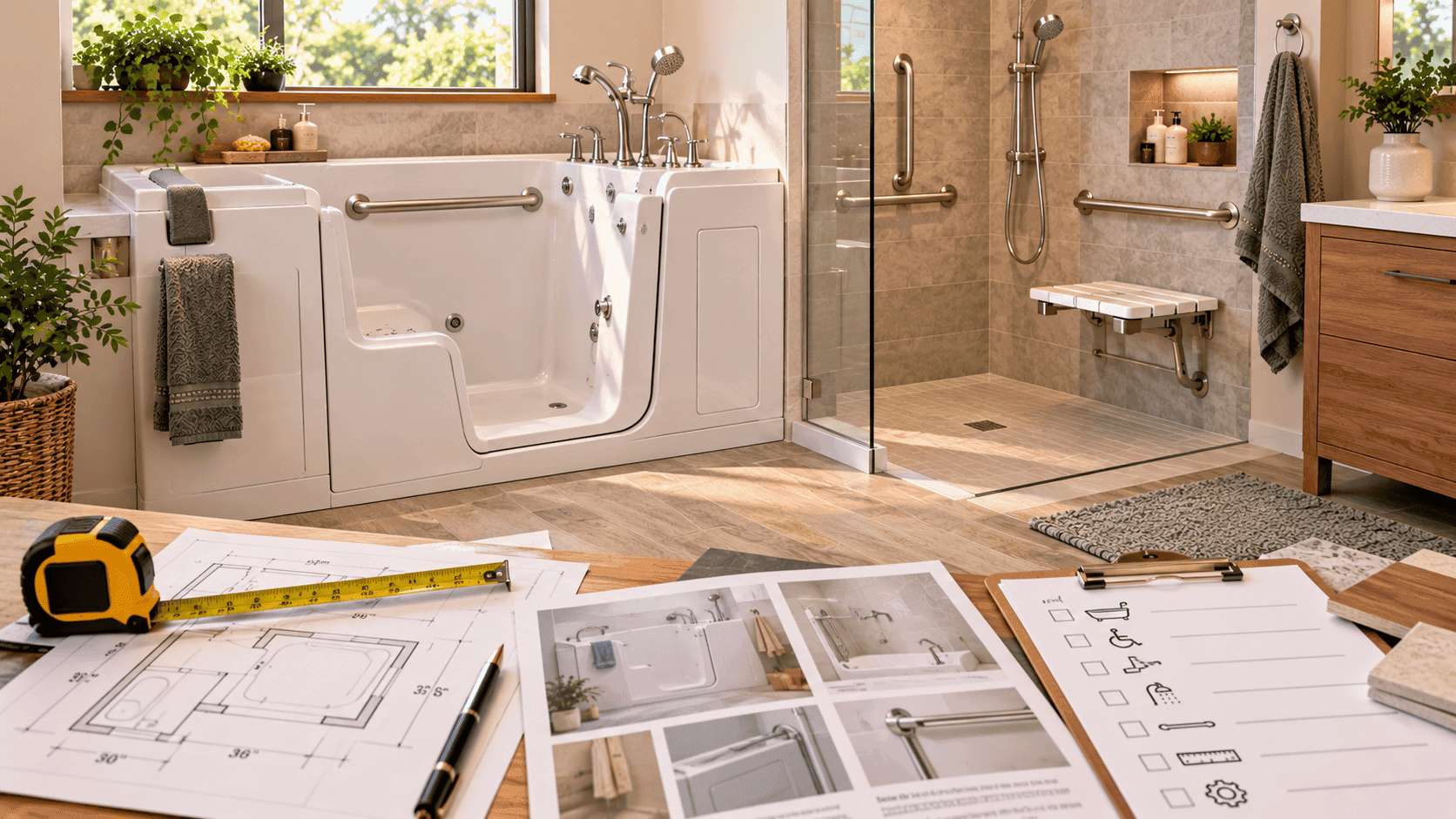 Walk-in tub buying guide with accessible bathroom, measurements and renovation planning materials