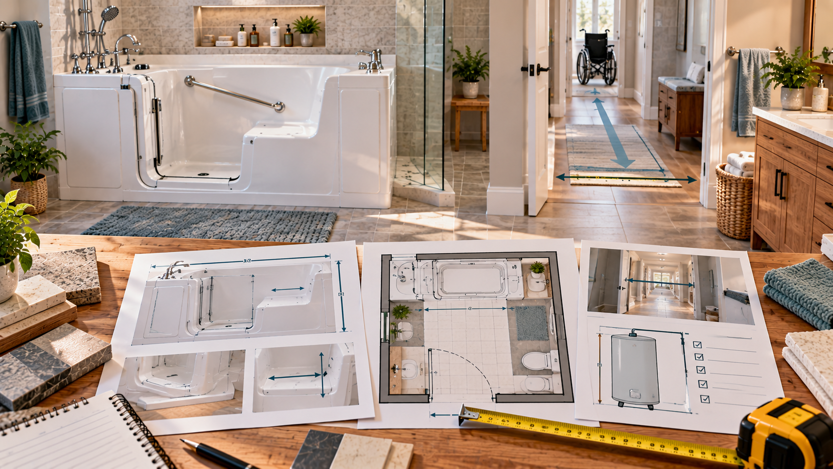 Walk-in tub bathroom fit planning with dimensions, doorway clearance, floor plan and measuring tape