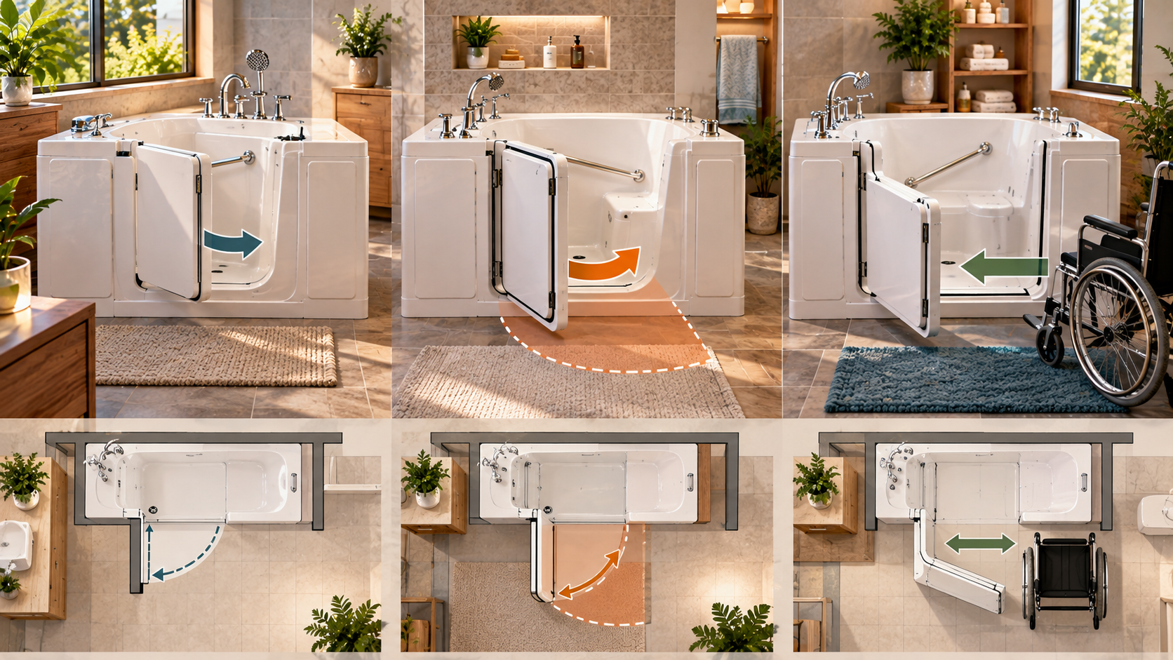 Walk-in tub door types showing inward swing, outward swing and wheelchair transfer door clearance