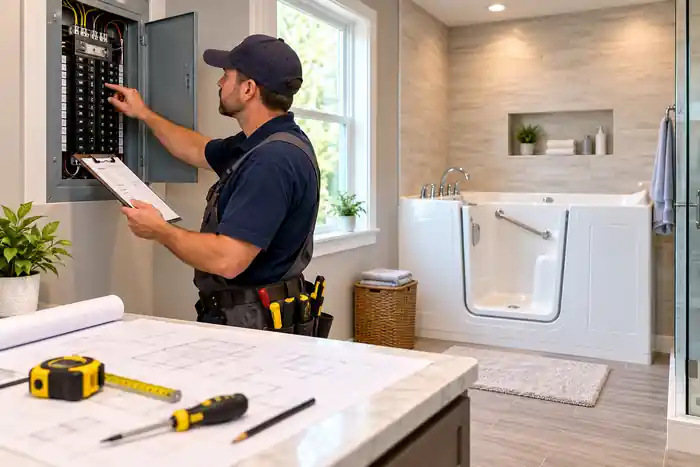 Electrician inspecting a home electrical panel beside a modern walk-in tub during installation planning