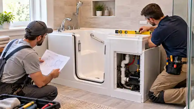 Two technicians installing and leveling a walk-in tub while checking plumbing and installation plans