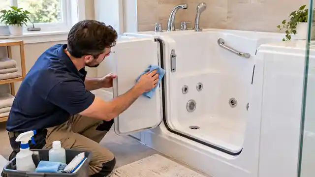 Technician cleaning a walk-in tub door seal during routine maintenance