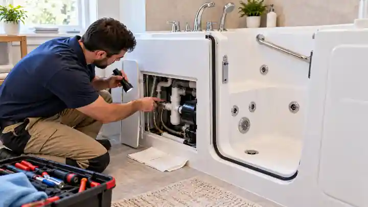 Technician inspecting walk-in tub plumbing and pump connections during repair