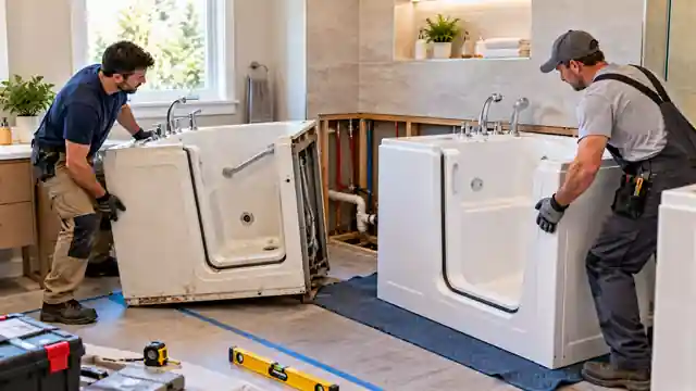 Contractors removing an old walk-in tub and positioning a new replacement tub during a bathroom renovation