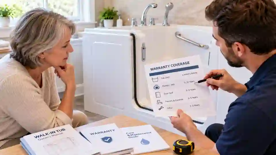 Walk-in tub owner reviewing warranty coverage and service documents with a consultant