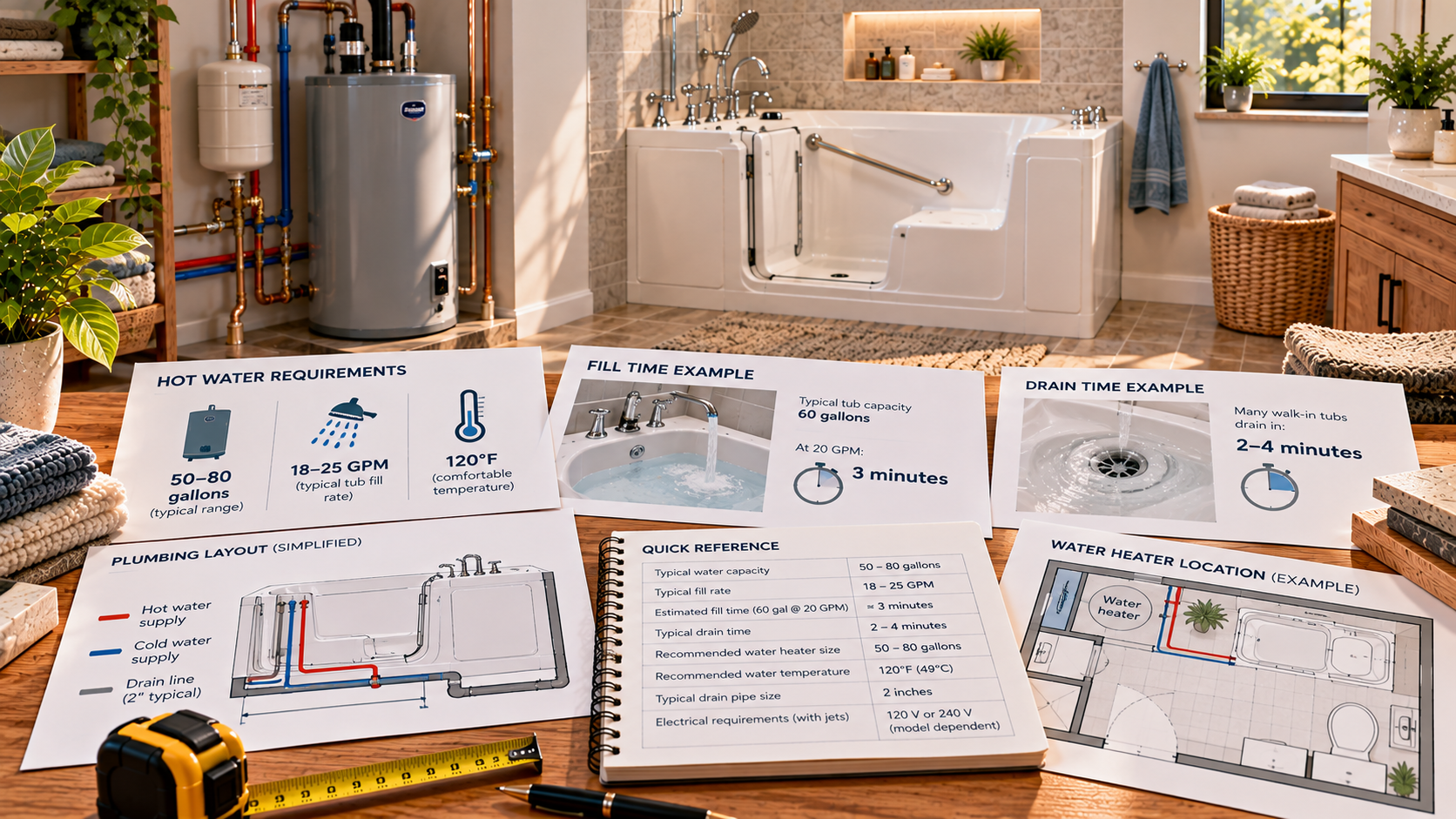 Walk-in tub water heater planning with fill time, drain time, plumbing and hot-water requirements