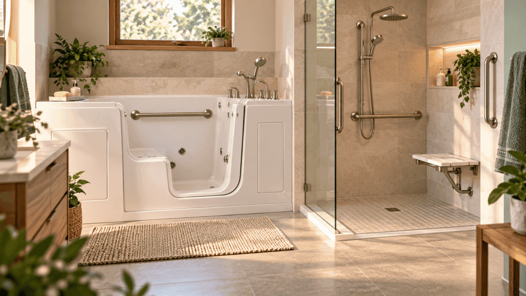 Modern accessible bathroom with a walk-in tub, grab bars and low-threshold shower